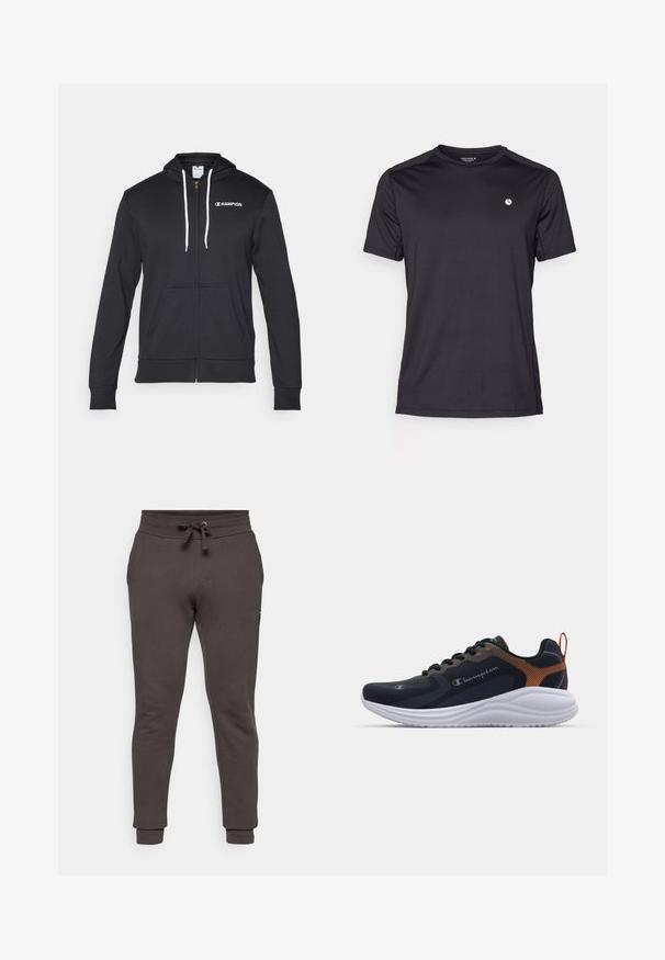 Champion GRAPHIC FULL ZIP HOODIE - Mikina na zip - black; Černé sportovní tričko s krátkým rukávem vyrobené z hladkého, lehkého materiálu. Obsahuje malé bílé logo značky na hrudi.; Tmavě šedé tepláky vyrobené z měkké tkaniny, s elastickým pasem na šňůrku, tapered nohavicemi a žebrovanými manžetami. Obsahují boční kapsy.; Černá běžecká obuv s oranžovými akcenty, má hladký svršek, kulatou špičku, polstrovanou podrážku a systém šněrování. Logo je zobrazeno na boku.