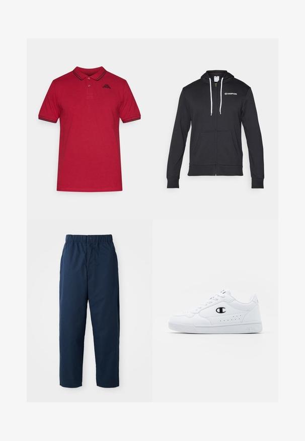 Champion GRAPHIC FULL ZIP HOODIE - Mikina so zipsom - black; Červené polo tričko vyrobené z bavlny, s golierom, krátkymi rukávmi s čiernymi pruhovanými detailmi a malým logom vyšitým na hrudi.; Námornícke modré nohavice vyrobené z hladkej látky, s elastickým pásom a gombíkom, priame nohy a žiadne viditeľné vzory ani kovové prvky.; Biele športové tenisky s hladkým syntetickým zvrškom, čiernym logom a perforovanými detailmi na boku. Gumová podošva.