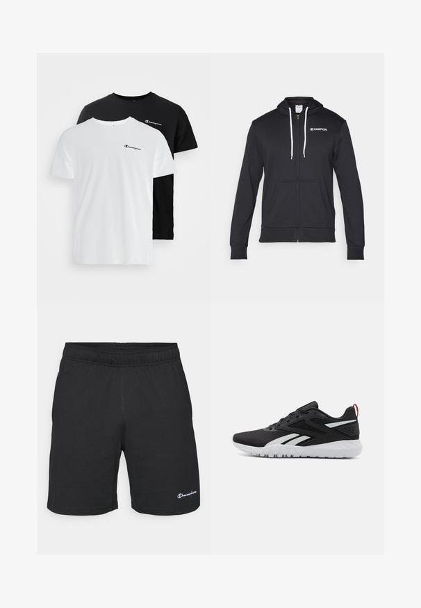 Champion GRAPHIC FULL ZIP HOODIE - Sweatjakke - black; To kortærmede T-shirts i hvid og sort bomuld med et lille Champion-logo på brystet. Simpel crew neck-design.; Sorte atletiske shorts med elastisk linning, lavet af blødt stof, med et lille hvidt logo i nederste venstre hjørne.; Sorte atletiske sko med en mesh-overdel, hvide detaljer, tekstureret sål og en rød hælflap for ekstra detaljer.