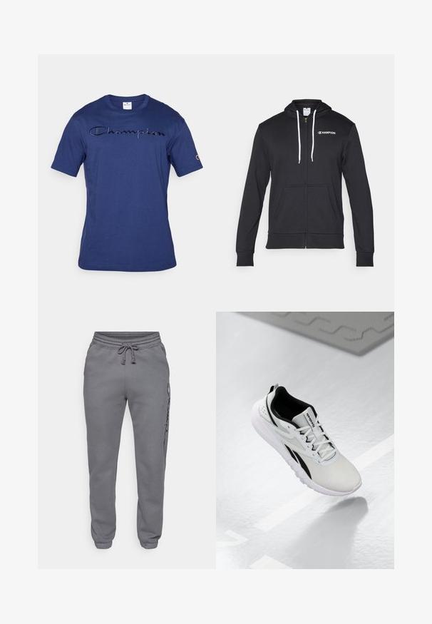 Champion GRAPHIC FULL ZIP HOODIE - Zip-up sweatshirt - black; Navy blue cotton t-shirt featuring a textured "Champion" logo across the chest and embroidered logo on the left sleeve. Short sleeves, crew neck.; Champion ICONS TONAL CUFF LARGE LOGO - Tracksuit bottoms - foggy; Light gray athletic shoe with black accents, textured mesh upper, cushioned sole, and lace-up closure. Features a heel pull tab.