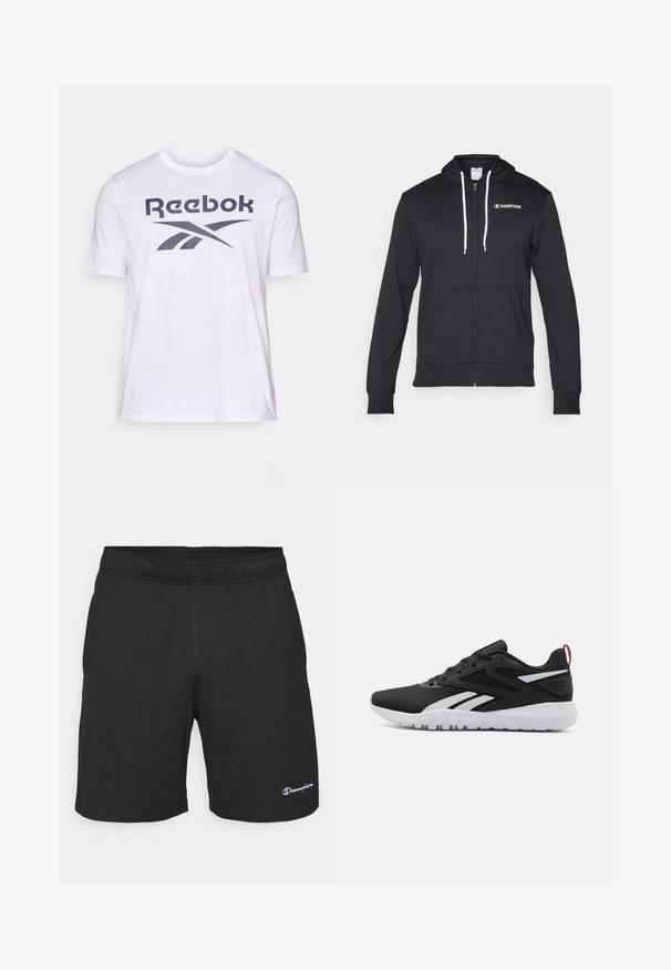 Champion GRAPHIC FULL ZIP HOODIE - Lukuga pusa - black; Valge Reeboki T-särk, millel on suur tumehall logo ja graafiline disain rinnal. Valmistatud pehmest puuvillast, lühikeste varrukatega.; Mustad mustetrides, millel on elastne vöökoht, valmistatud pehmest kangast, väikese valge logoga vasakul alumisel küljel.; Mustad mustat spordijalatsid, millel on sissetõmmatav pealis, valged detailid, tekstureeritud talla ja punane kandmisosa lisadetailideks.