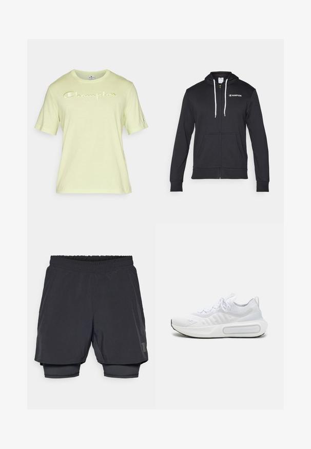 Champion GRAPHIC FULL ZIP HOODIE - Majica s kapuljačom i patentnim zatvaračem - black; Lime zeleni kratkotrajni rukav T-shirt s "Champion" logotipom u reflektirajuće bijeloj boji preko prsnog dijela. Izrađen od mekog materijala, s dizajnom okruglog izreza.; Crne atletske kratke hlače s elastičnim pojasom, slojevitim dizajnom i uskim unutrašnjim podstavom. Sadrže diskretnu oznaku na donjoj strani.; Bijela atletska cipela s teksturiranim pletenim gornjim dijelom, vezanjem, mekanim potplatom i prepoznatljivim detaljem brendinga sa strane.