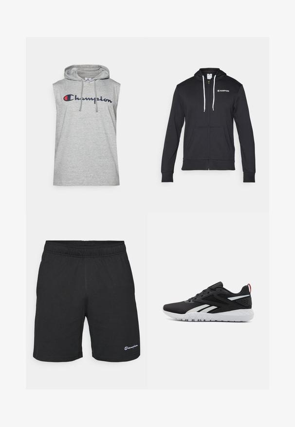 Champion GRAPHIC FULL ZIP HOODIE - Jaka ar rāvējslēdzēju - black; Bez piedurknēm kapuci tērps vieglā pelēkā kokvilnas maisījumā ar lielu tumši zilu "Champion" logotipu priekšpusē un aukliņu akcentiem.; Melnas sporta bikses ar elastīgu jostu, izgatavotas no mīksta auduma, ar nelielu baltu logo kreisajā apakšējā stūrī.; Melnas sporta apavas ar aizsargājošu sietu augšējo daļu, baltām akcentiem, strukturētu zoli un sarkanu papēža cilpu papildu detaļām.