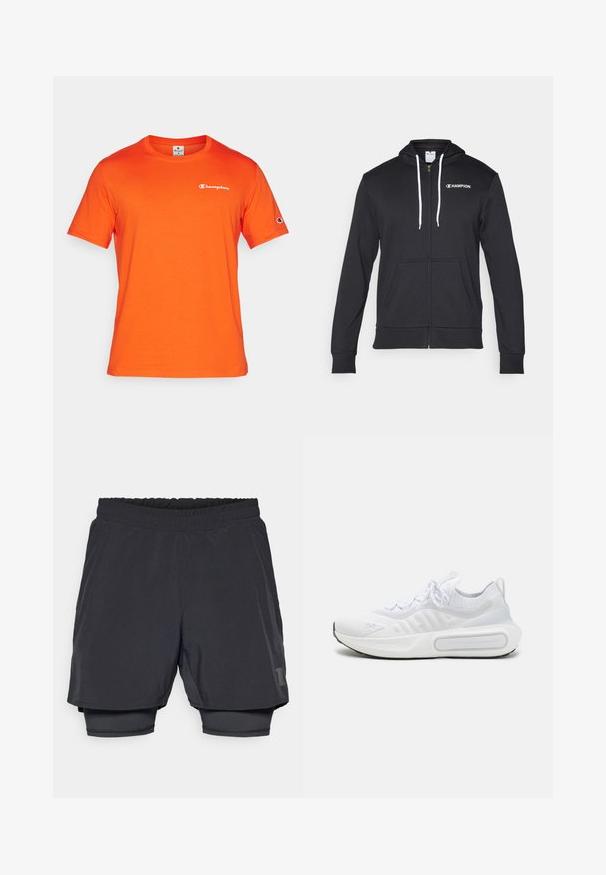 Champion GRAPHIC FULL ZIP HOODIE - Felpa con zip - black; Champion ICONS CREWNECK WITH SMALL LOGO - T-shirt con stampa - orange; Shorts sportivi neri con cintura elastica, design a strati e foderatura interna aderente. Presentano un logo discreto sul lato inferiore.; Scarpa atletica bianca con tomaia in maglia texturizzata, chiusura con lacci, suola ammortizzata e un particolare dettaglio di branding sul lato.