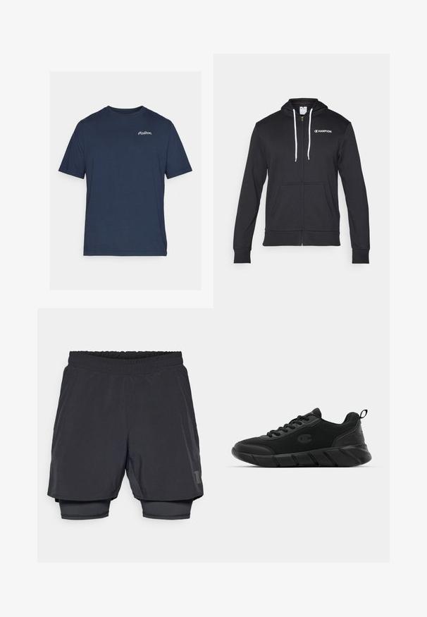 Champion GRAPHIC FULL ZIP HOODIE - Vetoketjullinen college - black; Tummansininen puuvillapaita lyhyillä hihoilla. Vasemmassa rintataskussa on pieni valkoinen brodeerattu logo. Pyöreä pääntie.; Mustat urheilusortsit, joissa on joustava vyötärö, kerroksellinen muotoilu ja tiukka sisävuori. Alhaalla on hillitty logo.; Musta urheilukenkä, jossa on verkkomateriaali yläosa, vahvistettu kärki, teksturoitu välipohja ja takana vetonauha helppoa pukemista varten. Logotypografia näkyy sivulla.