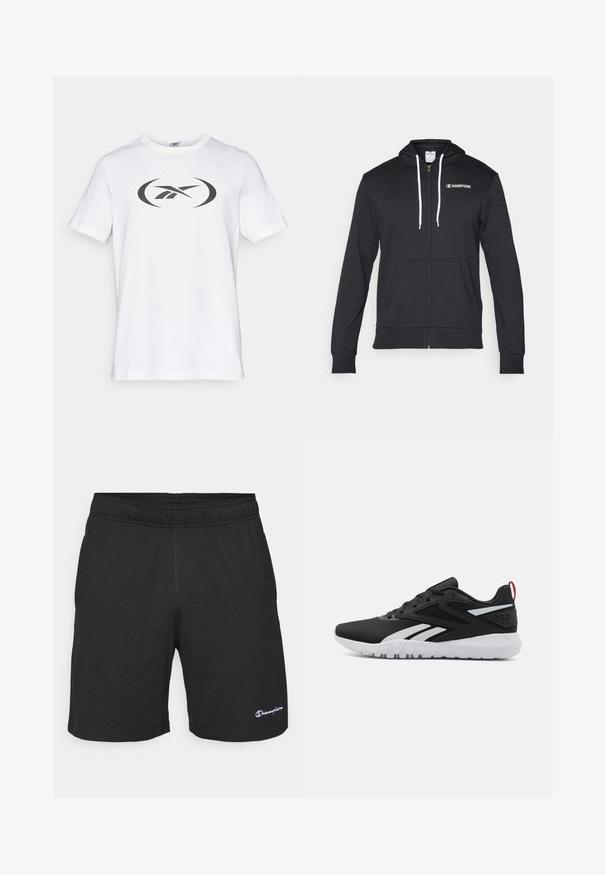 Champion GRAPHIC FULL ZIP HOODIE - Sudadera con cremallera - black; Camiseta de algodón blanca con mangas cortas, que presenta un gran diseño de logo negro en la parte frontal. Cuello redondo y corte estándar.; Pantalones cortos deportivos negros con una cinturilla elástica, hechos de una tela suave, que presentan un pequeño logotipo blanco en la parte inferior izquierda.; Zapatillas deportivas negras con parte superior de malla, acentos blancos, suela texturizada y una pestaña en el talón roja para un detalle adicional.