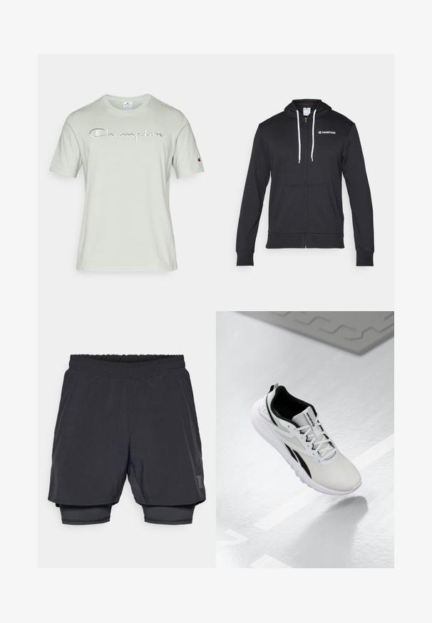 Champion GRAPHIC FULL ZIP HOODIE - Sweater met rits - black; Mintgroene T-shirt van zachte katoen, met een geborduurd "Champion" logo in een iets donkerdere tint, korte mouwen en een ronde hals.; Zwarte sportshorts met een elastische tailleband, gelaagd ontwerp en een aansluitende binnenvoering. Bevat een subtiele logo aan de onderkant.; Lichtgrijze sportschoen met zwarte accenten, textuurmelange bovenwerk, gevoerde zool en vetersluiting. Voorzien van een treklus op de hiel.