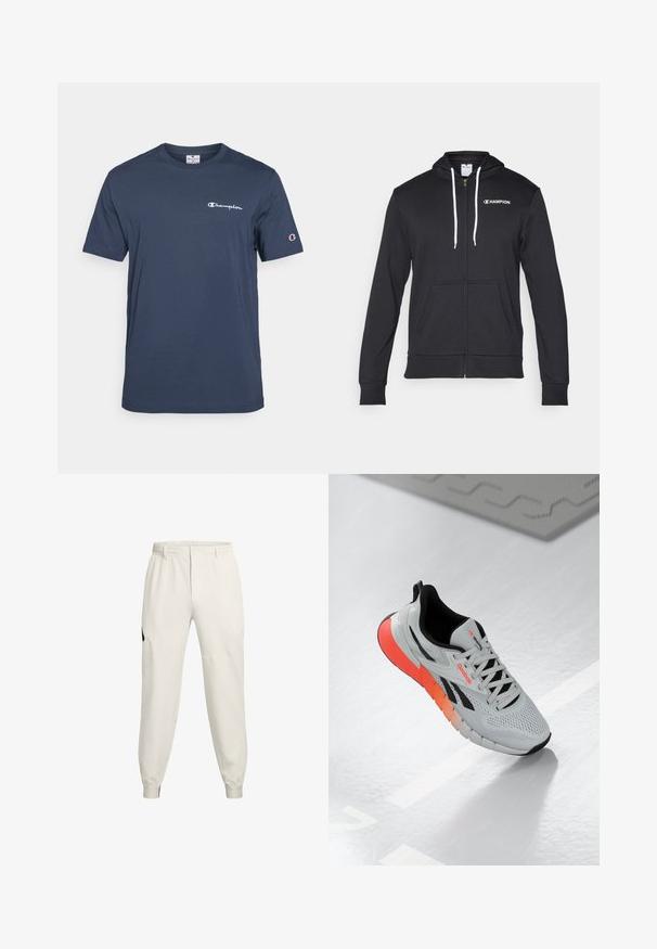 Champion GRAPHIC FULL ZIP HOODIE - Užtrauktuku užsegamas treningas - black; Tamsiai mėlyna trumpomis rankovėmis marškinėliai pagaminti iš medvilnės, su apvalia iškirpte ir balta "Champion" logotipu ant krūtinės ir rankovės.; Šviesiai smėliniai džinsai su elastingu juosmeniu, šoninėmis kišenėmis ir rūbų juostelėmis; turi juodą logotipo akcentą kairėje klube.; Balti sportiniai bateliai su tinklelio viršumi, juodais akcentais ir gradientiniu oranžiniu-pinkiniu padu. Turi raištelių uždarymą ir apvalią nosį.