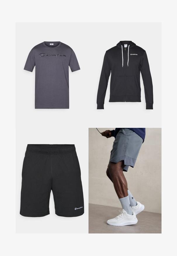 Champion GRAPHIC FULL ZIP HOODIE - Sudadera con cremallera - black; Camiseta de algodón gris con mangas cortas, que presenta un logo bordado de "Champion" en el pecho y un pequeño logo en la manga.; Pantalones cortos deportivos negros con una cinturilla elástica, hechos de una tela suave, que presentan un pequeño logotipo blanco en la parte inferior izquierda.; Zapatillas deportivas blancas con parte superior de malla texturizada, combinadas con calcetas de canalé azul claro que cuentan con un logo. Pantalones cortos deportivos grises con borde perforado.