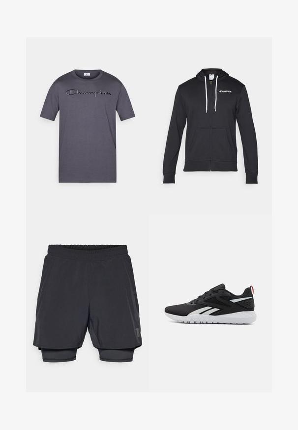 Champion GRAPHIC FULL ZIP HOODIE - Cipzáras pulóver - black; Szürke pamut póló rövid ujjakkal, hímzett "Champion" logóval a mellrészen és egy kis logóval az ujján.; Fekete sportnadrág elasztikus derékkal, réteges kialakítással és illeszkedő bélésrésszel. A alsó oldalon diszkrét logó található.; Fekete sportcipők, hálós felsőrésszel, fehér részletekkel, textúrázott talppal és piros sarkú szalaggal a további részletekért.