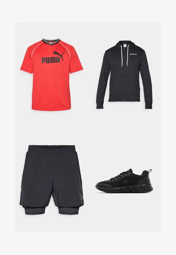 Champion GRAPHIC FULL ZIP HOODIE - Sweatjakke - black; Rød sportsjersey med kortærmer lavet af åndbart stof. Har sort Puma-logo og kontrasterende sorte og hvide kraveakcenter.; Sorte atletiske shorts med elastisk talje, lagdelt design og en tætsiddende inderforing. Har et subtile logo på den nederste side.; Sort atletiske sneakers med en mesh-overdel, forstærket tå, struktureret mellemsål og bageste trækhåndtag for nem påføring. Logo vist på siden.