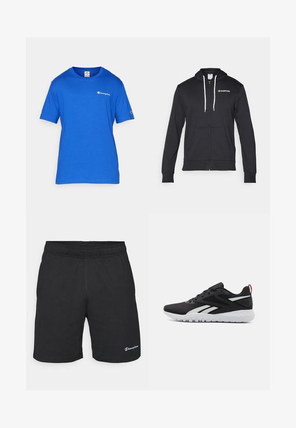 Champion GRAPHIC FULL ZIP HOODIE - Mikina so zipsom - black; Modrá bavlnená tričko s krátkym rukávom a okrúhlym výstrihom. Na hrudi sa nachádza malé biele logo "Champion" a detail loga na rukáve.; Čierne atletické šortky s elastickým pásom, vyrobené z mäkkej tkaniny, s malým bielym logom na dolnej ľavej strane.; Čierne športové topánky s priedušným zvrškom, bielymi akcentmi, textúrovanou podrážkou a červeným pútkom na päte pre lepší detail.