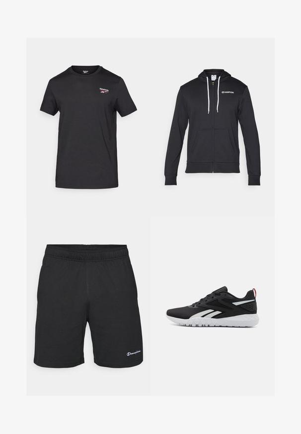 Champion GRAPHIC FULL ZIP HOODIE - Mikina na zip - black; Reebok IDENTITY SMALL LOGO TEE - Jednoduché tričko - black/white/vector red; Černé sportovní šortky s elastickým pasem, vyrobené z měkké látky, s malým bílým logem na dolní levé straně.; Černé sportovní boty s vybavením z prodyšného materiálu, bílými akcenty, texturovanou podrážkou a červeným poutkem na patě pro dodatečný detail.