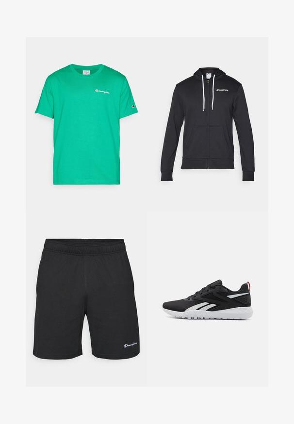 Champion GRAPHIC FULL ZIP HOODIE - Cipzáras pulóver - black; Zöld pamut póló rövid ujjakkal, amelyen egy kis fehér és piros Champion logó található a mellkason, valamint egy logó kihangsúlyozás az ujjon.; Fekete sportnadrág rugalmas derékkal, puha anyagból készült, az alsó bal oldalon egy kis fehér logóval.; Fekete sportcipők, hálós felsőrésszel, fehér részletekkel, textúrázott talppal és piros sarkú szalaggal a további részletekért.
