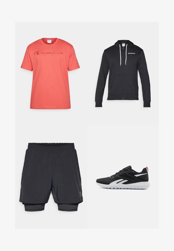 Champion GRAPHIC FULL ZIP HOODIE - Felpa con zip - black; T-shirt in cotone corallo con maniche corte, caratterizzato da un logo "Champion" ricamato sul petto e un piccolo logo sulla manica.; Shorts sportivi neri con cintura elastica, design a strati e foderatura interna aderente. Presentano un logo discreto sul lato inferiore.; Scarpe sportive nere con tomaia in rete, accenti bianchi, suola testurizzata e linguetta rossa sul tallone per un tocco in più.