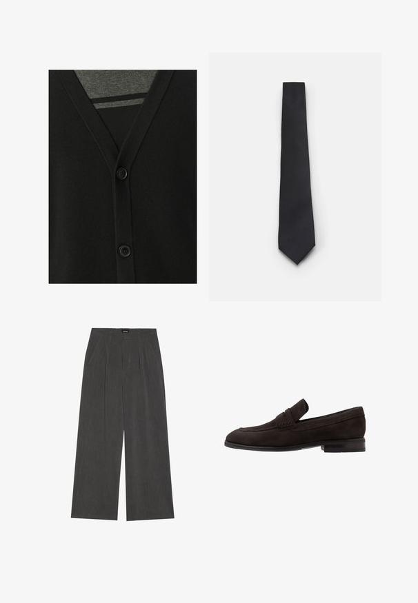 Zwarte cardigan met een v-hals, knoopsluiting en zachte brei-textuur. Gelaagd over een grijze shirt, met een gestreept patroon eronder.; Witte blouse met lange mouwen, gemaakt van lichtgewicht stof, met een classique kraag, knoopsluiting aan de voorkant en een gladde, licht gestructureerde oppervlakte.; Wijde broek in donkergrijs stof, met een geplooide voorkant, twee zijzakken en een vlakke tailleband. Glad oppervlak en gepaste ontwerpelementen.; Donkerbruine suède loafers met een platte zool, een gestikte accent langs de rand en een kleine, verhoogde band aan de voorkant.; Smalle zwarte stropdas met een gestructureerd, diagonaal ribbelpatroon. Beschikt over een spitse punt en een gladde afwerking. Geschikt voor formele kleding.