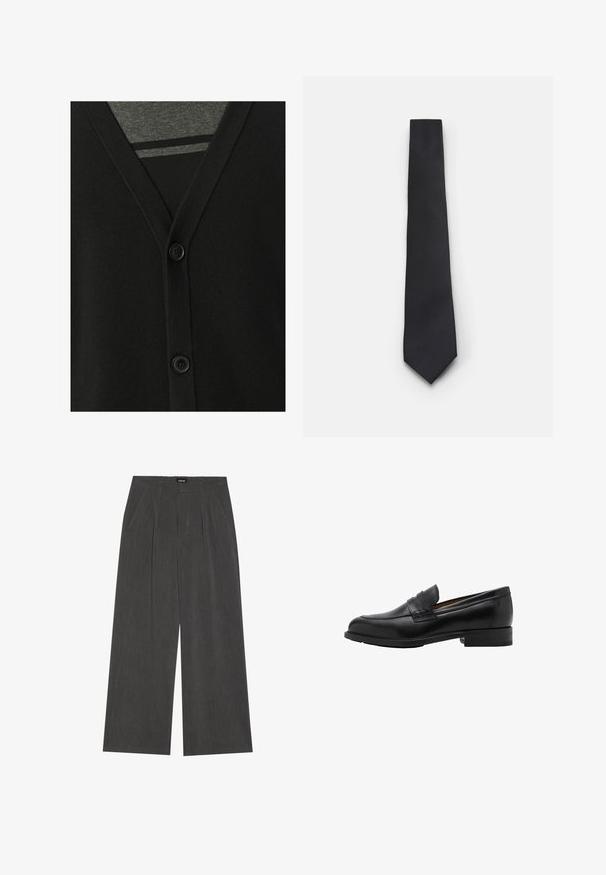 Zwarte cardigan met een v-hals, knoopsluiting en zachte brei-textuur. Gelaagd over een grijze shirt, met een gestreept patroon eronder.; Witte overhemd met lange mouwen van soepel katoen, met een klassieke kraag en een subtiele glans. Vijf knopen aan de voorkant.; Wijde broek in donkergrijs stof, met een geplooide voorkant, twee zijzakken en een vlakke tailleband. Glad oppervlak en gepaste ontwerpelementen.; Zwarte leren instappers met een gestikte voorkant en een platte hak. Glad van textuur met een ronde neus en een decoratieve band over de wreef.; Smalle zwarte stropdas met een gestructureerd, diagonaal ribbelpatroon. Beschikt over een spitse punt en een gladde afwerking. Geschikt voor formele kleding.
