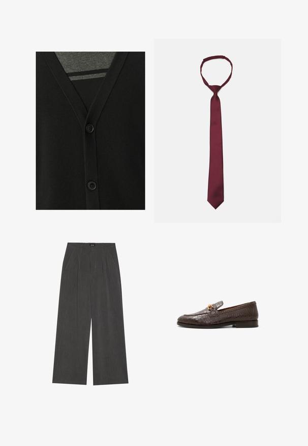Cardigan negro con escote en V, cierre de botones y textura de punto suave. Lleva una camisa gris debajo, que muestra un patrón de rayas.; Camisa blanca de botones con mangas largas, hecha de tela de algodón suave, con cuello clásico y un brillo sutil. Cinco botones en la parte delantera.; Pantalones de pierna ancha en tejido gris oscuro, con un frente plisado, dos bolsillos laterales y una cinturilla plana. Textura suave y diseño a medida.; Mocasines de cuero marrón oscuro con estampado de cocodrilo, hebilla de metal dorado y tacón bajo apilado, vista lateral sobre fondo blanco.; Corbata de satén burdeos con una textura suave, de ancho estrecho y punta afilada; cuenta con un lazo para fácil uso.