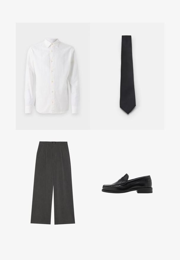 Zwarte cardigan met een v-hals, knoopsluiting en zachte brei-textuur. Gelaagd over een grijze shirt, met een gestreept patroon eronder.; Witte blouse met lange mouwen, gemaakt van lichtgewicht stof, met een classique kraag, knoopsluiting aan de voorkant en een gladde, licht gestructureerde oppervlakte.; Wijde broek in donkergrijs stof, met een geplooide voorkant, twee zijzakken en een vlakke tailleband. Glad oppervlak en gepaste ontwerpelementen.; Zwarte leren instappers met een gladde afwerking, gestikte details op de neus en een lage hakontwerp voor comfort en stijl.; Smalle zwarte stropdas met een gestructureerd, diagonaal ribbelpatroon. Beschikt over een spitse punt en een gladde afwerking. Geschikt voor formele kleding.