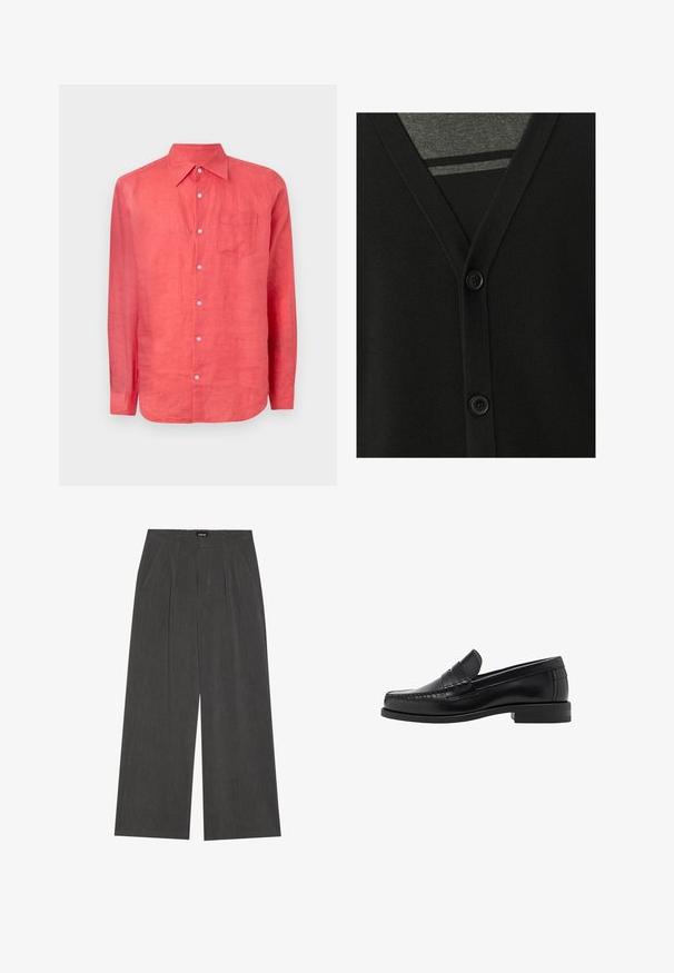 Cardigan nero con scollo a V, chiusura con bottoni e texture morbida a maglia. Sovrapposto a una maglietta grigia, che mostra un motivo a righe sotto.; GAP Camicia - watermelon ice; Pantaloni a gamba larga in tessuto grigio scuro, con fronte plissettato, due tasche laterali e vita piatta. Texture liscia e design sartoriale.; Mocassini in pelle nera con una finitura liscia, dettagli cuciti sulla punta e un design a tacco basso per comfort e stile.