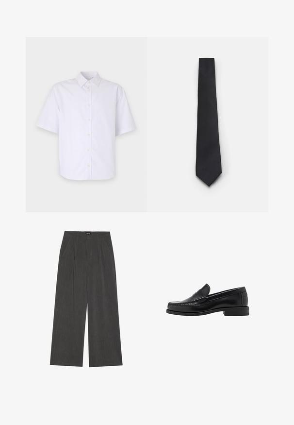 Cardigan noir avec un col en V, fermeture à boutons et texture en tricot douce. Superposé avec une chemise grise, présentant un motif rayé en dessous.; Chemise à manches courtes, boutonnée, en coton blanc éclatant. Dotée d'un col classique, d'un ourlet droit et de boutons discrets sur le devant.; Pantalons à jambe large en tissu gris foncé, dotés d'un devant plissé, de deux poches latérales et d'une taille plate. Texture lisse et design ajusté.; Mocassins en cuir noir avec une finition lisse, des coutures sur le bout et un design à talon bas pour le confort et le style.; Cravate noire étroite avec un motif en diagonale texturé et côtelé. Présente une pointe et une finition lisse. Convient aux tenues formelles.