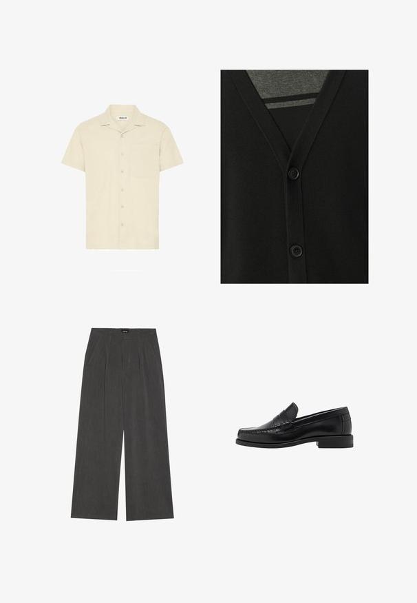 Czarny kardigan z dekoltem w serek, z zapięciem na guziki i miękką teksturą dzianiny. Nałożony na szary t-shirt, pod którym widać paski.; Koszula z krótkim rękawem, z kołnierzykiem, w jasnobeżowym materiale, z przednią kieszonką oraz zapięciem na guziki z pięcioma guzikami.; Spodnie o szerokich nogawkach w ciemnoszarym kolorze, z plisowanym przodem, dwiema bocznymi kieszeniami i płaskim pasem. Gładka tekstura i dopasowany krój.; Czarne skórzane mokasyny o gładkim wykończeniu, ze stębnowaniem na nosie i niskim obcasem, zapewniającymi komfort i styl.