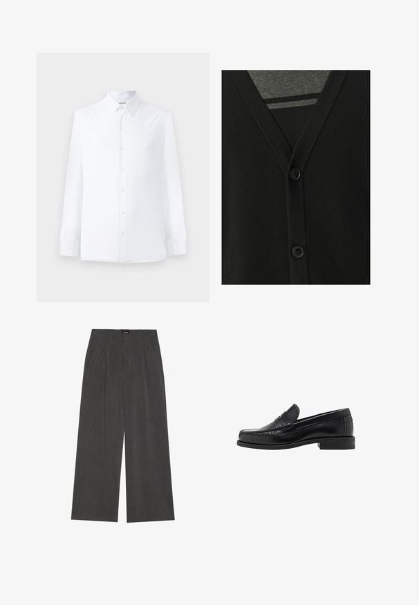 Cardigan nero con scollo a V, chiusura con bottoni e texture morbida a maglia. Sovrapposto a una maglietta grigia, che mostra un motivo a righe sotto.; Camicia bianca a maniche lunghe realizzata in tessuto morbido, con colletto classico, chiusura frontale a bottoni e vestibilità sagomata. Nessun motivo visibile.; Pantaloni a gamba larga in tessuto grigio scuro, con fronte plissettato, due tasche laterali e vita piatta. Texture liscia e design sartoriale.; Mocassini in pelle nera con una finitura liscia, dettagli cuciti sulla punta e un design a tacco basso per comfort e stile.