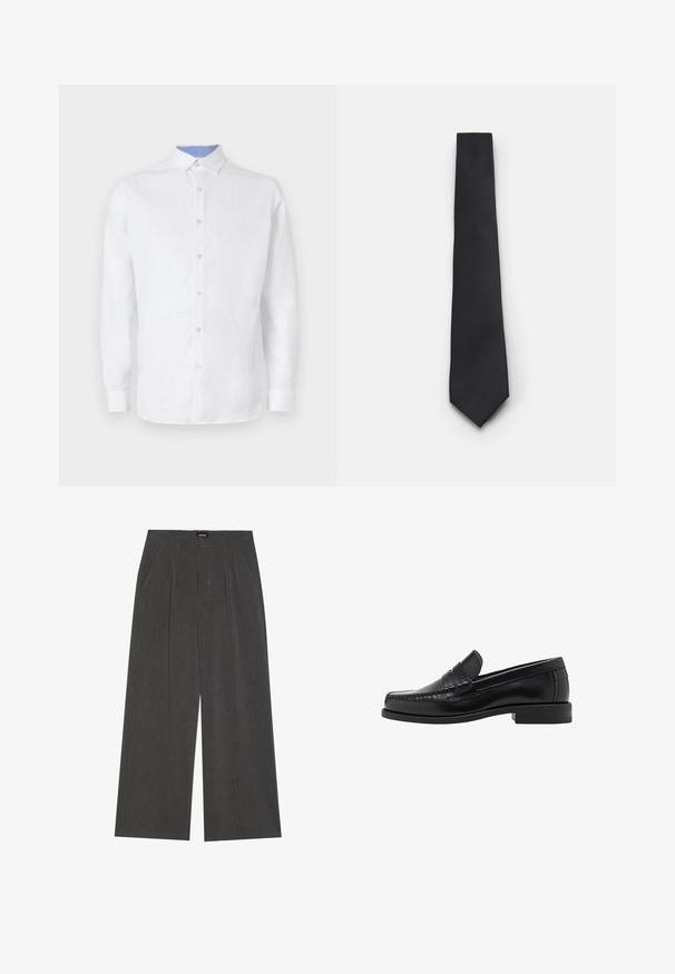 Czarny kardigan z dekoltem w serek, z zapięciem na guziki i miękką teksturą dzianiny. Nałożony na szary t-shirt, pod którym widać paski.; Biała koszula z długim rękawem z przodu na guziki, z jasnoniebieskim wzorem w kratkę wewnątrz kołnierzyka i mankietów. Gładka tekstura materiału.; Spodnie o szerokich nogawkach w ciemnoszarym kolorze, z plisowanym przodem, dwiema bocznymi kieszeniami i płaskim pasem. Gładka tekstura i dopasowany krój.; Czarne skórzane mokasyny o gładkim wykończeniu, ze stębnowaniem na nosie i niskim obcasem, zapewniającymi komfort i styl.; Wąski czarny krawat z teksturowanym, ukośnym prążkowanym wzorem. Posiada spiczasty koniec i gładkie wykończenie. Odpowiedni na eleganckie okazje.
