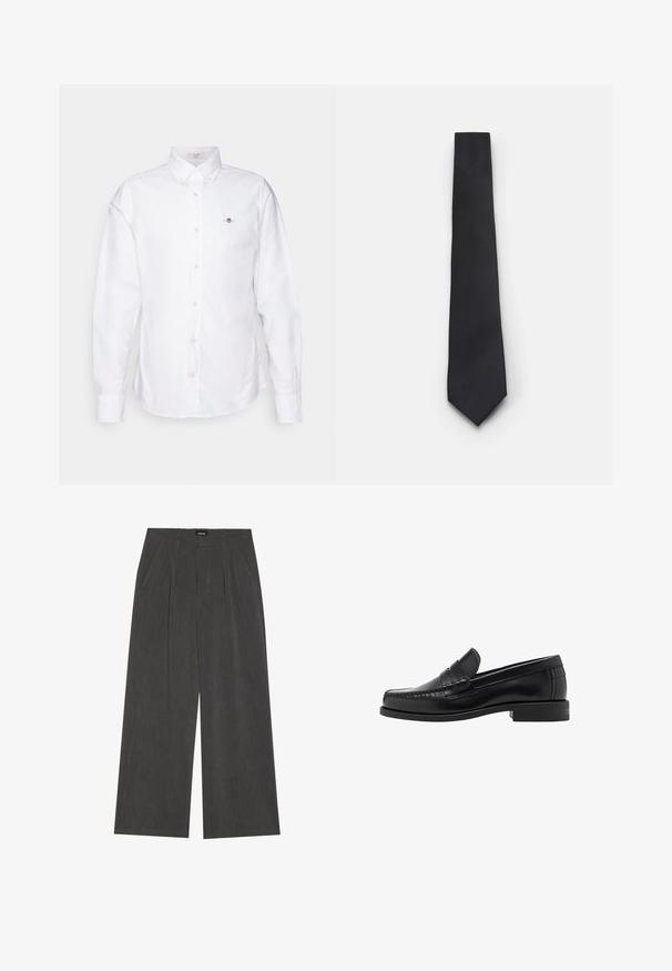 Schwarze Strickjacke mit V-Ausschnitt, Knopfverschluss und weicher Stricktextur. Über einem grauen Hemd getragen, das ein gestreiftes Muster darunter zeigt.; Weißes Hemd aus Baumwolle mit Knopfleiste. Verfügt über einen spitzen Kragen, lange Ärmel und hellbraune Knöpfe. Kleines gesticktes Logo auf der Brust.; Weite Hosen aus dunkelgrauem Stoff mit einem gefalteten Vorderteil, zwei Seitentaschen und einem flachen Bund. Angenehme Textur und maßgeschneidertes Design.; Schwarze Lederloafer mit glatter Oberfläche, genähten Details an der Zehe und einem flachen Absatzdesign für Komfort und Stil.; Schmale schwarze Krawatte mit einem strukturierten, diagonalen Rippmuster. Verfügt über eine spitze Spitze und eine glatte Oberfläche. Geeignet für formelle Anlässe.