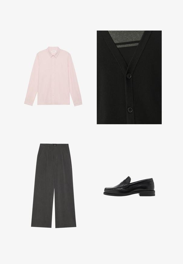 Zwarte cardigan met een v-hals, knoopsluiting en zachte brei-textuur. Gelaagd over een grijze shirt, met een gestreept patroon eronder.; Lichtroze lange mouwen overhemd met knoopsluiting en puntige kraag, gemaakt van gladde stof, met een frontale knoopsluiting en een minimalistisch ontwerp.; Wijde broek in donkergrijs stof, met een geplooide voorkant, twee zijzakken en een vlakke tailleband. Glad oppervlak en gepaste ontwerpelementen.; Zwarte leren instappers met een gladde afwerking, gestikte details op de neus en een lage hakontwerp voor comfort en stijl.