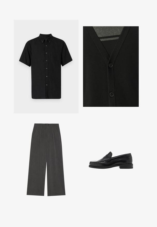 Cardigan nero con scollo a V, chiusura con bottoni e texture morbida a maglia. Sovrapposto a una maglietta grigia, che mostra un motivo a righe sotto.; Camicetta nera a maniche corte con colletto a punta, realizzata in tessuto testurizzato, caratterizzata da bottoni neri che si estendono lungo la parte anteriore.; Pantaloni a gamba larga in tessuto grigio scuro, con fronte plissettato, due tasche laterali e vita piatta. Texture liscia e design sartoriale.; Mocassini in pelle nera con una finitura liscia, dettagli cuciti sulla punta e un design a tacco basso per comfort e stile.