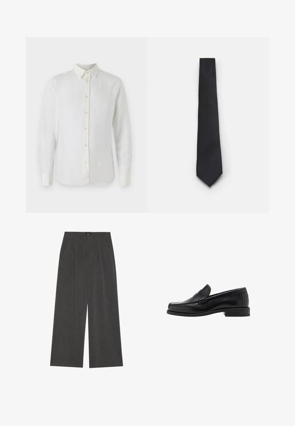 Czarny kardigan z dekoltem w serek, z zapięciem na guziki i miękką teksturą dzianiny. Nałożony na szary t-shirt, pod którym widać paski.; Biała, długosleeve koszula z guzikami wykonana z lnu. Posiada klasyczny kołnierzyk, zapięcie na guziki z przodu oraz mankiety z zapięciem. Gładka, lekka struktura.; Spodnie o szerokich nogawkach w ciemnoszarym kolorze, z plisowanym przodem, dwiema bocznymi kieszeniami i płaskim pasem. Gładka tekstura i dopasowany krój.; Czarne skórzane mokasyny o gładkim wykończeniu, ze stębnowaniem na nosie i niskim obcasem, zapewniającymi komfort i styl.; Wąski czarny krawat z teksturowanym, ukośnym prążkowanym wzorem. Posiada spiczasty koniec i gładkie wykończenie. Odpowiedni na eleganckie okazje.