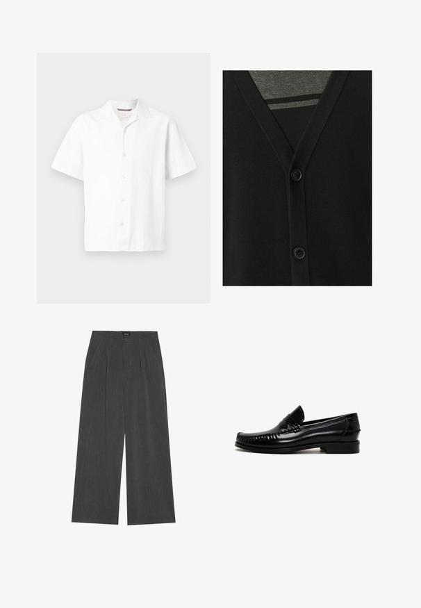 Czarny kardigan z dekoltem w serek, z zapięciem na guziki i miękką teksturą dzianiny. Nałożony na szary t-shirt, pod którym widać paski.; Biała koszula z krótkim rękawem wykonana z fakturowanej tkaniny. Posiada kołnierzyk z wycięciem oraz pięć guzików z przodu, a także prostą linię hemu. Lekka konstrukcja.; Spodnie o szerokich nogawkach w ciemnoszarym kolorze, z plisowanym przodem, dwiema bocznymi kieszeniami i płaskim pasem. Gładka tekstura i dopasowany krój.; Czarne skórzane mokasyny z zaokrąglonym czubkiem, przeszyciem wzdłuż krawędzi i niskim, blokowym obcasem. Gładka faktura i minimalistyczny design.