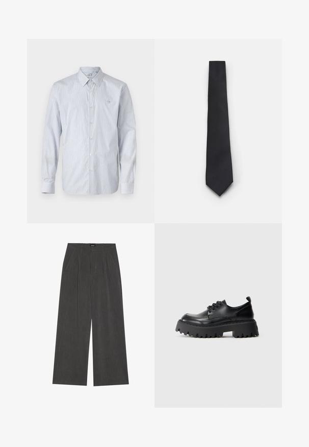 Czarny kardigan z dekoltem w serek, z zapięciem na guziki i miękką teksturą dzianiny. Nałożony na szary t-shirt, pod którym widać paski.; Pasiasta, długorękawowa koszula w jasnoniebieskim i białym kolorze z mieszanki bawełny. Posiada zapięcie na guziki, klasyczny kołnierzyk oraz małe, haftowane logo na piersi.; Spodnie o szerokich nogawkach w ciemnoszarym kolorze, z plisowanym przodem, dwiema bocznymi kieszeniami i płaskim pasem. Gładka tekstura i dopasowany krój.; Czarne skórzane buty na sznurówki z grubą, żłobioną gumową podeszwą. Posiadają zaokrąglony nosek i subtelne detale w szyciu. Gruby obcas zapewniający stabilność.; Wąski czarny krawat z teksturowanym, ukośnym prążkowanym wzorem. Posiada spiczasty koniec i gładkie wykończenie. Odpowiedni na eleganckie okazje.