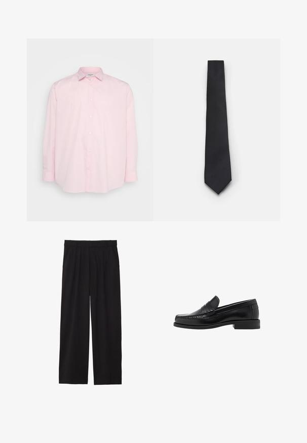 Zwarte cardigan met een v-hals, knoopsluiting en zachte brei-textuur. Gelaagd over een grijze shirt, met een gestreept patroon eronder.; Lichtroze overhemd met lange mouwen, een standaardkraag en witte knopen aan de voorkant, gemaakt van een gladde katoenstof.; Zwarte wijde broek met geplooide voorkant, zijzakken en een gladde stoftextuur. Ontworpen voor een ontspannen pasvorm.; Zwarte leren instappers met een gladde afwerking, gestikte details op de neus en een lage hakontwerp voor comfort en stijl.; Smalle zwarte stropdas met een gestructureerd, diagonaal ribbelpatroon. Beschikt over een spitse punt en een gladde afwerking. Geschikt voor formele kleding.