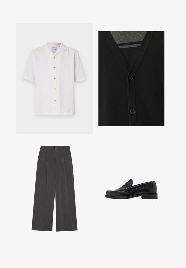 Zwarte cardigan met een v-hals, knoopsluiting en zachte brei-textuur. Gelaagd over een grijze shirt, met een gestreept patroon eronder.; Witte korte mouwen shirt van een gestructureerde stof, met een ingeknipt kraag en zes knopen aan de voorkant. Heeft een schone, eenvoudige uitstraling.; Wijde broek in donkergrijs stof, met een geplooide voorkant, twee zijzakken en een vlakke tailleband. Glad oppervlak en gepaste ontwerpelementen.; Zwarte leren instappers met een gladde afwerking, gestikte details op de neus en een lage hakontwerp voor comfort en stijl.