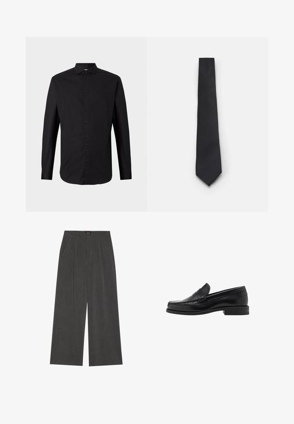 Zwarte cardigan met een v-hals, knoopsluiting en zachte brei-textuur. Gelaagd over een grijze shirt, met een gestreept patroon eronder.; Zwarte langemouwen shirt van geweven stof, met een knoopsluiting aan de voorkant, kraag en een klassieke pasvorm. Soepele textuur en minimalistisch ontwerp.; Wijde broek in donkergrijs stof, met een geplooide voorkant, twee zijzakken en een vlakke tailleband. Glad oppervlak en gepaste ontwerpelementen.; Zwarte leren instappers met een gladde afwerking, gestikte details op de neus en een lage hakontwerp voor comfort en stijl.; Smalle zwarte stropdas met een gestructureerd, diagonaal ribbelpatroon. Beschikt over een spitse punt en een gladde afwerking. Geschikt voor formele kleding.