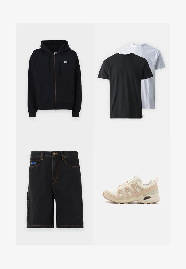 Felpa con zip nera, dotata di cappuccio, tasche frontali, polsini elastici e un piccolo logo bianco sul petto sinistro. Realizzata in tessuto morbido.; Due T-shirt di cotone mostrate schiena contro schiena: una nera e una bianca. Entrambe presentano maniche corte e scollature a girocollo, con una texture liscia.; Shorts in denim nero con tasche frontali, una tasca cargo laterale e cuciture arancioni. Presentano una chiusura con bottone in metallo e un'etichetta con logo.; Scarpa atletica beige e crema con tomaia in mesh testurizzato, sovrapposizioni supportive e suola in gomma con un motivo a tasselli per la trazione.
