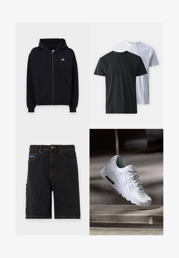 Sort hættejakke med lynlås, hætte, frontlommer, elastiske manchetter og et lille hvidt logo på venstre bryst. Lavet af blødt stof.; To cotton T-shirts vist dej til bagved: én sort og én hvid. Begge har korte ærmer og rund hals, med en glat overflade.; Sorte denimshorts med frontlommer, en sidelomme og orange syninger. Har en metalknaplukning og et mærketikette.; Hvide Nike Air Max 90 sneakers med en overdel i mesh og læder, perforeret tåboks og en synlig luftenhed i hælen.