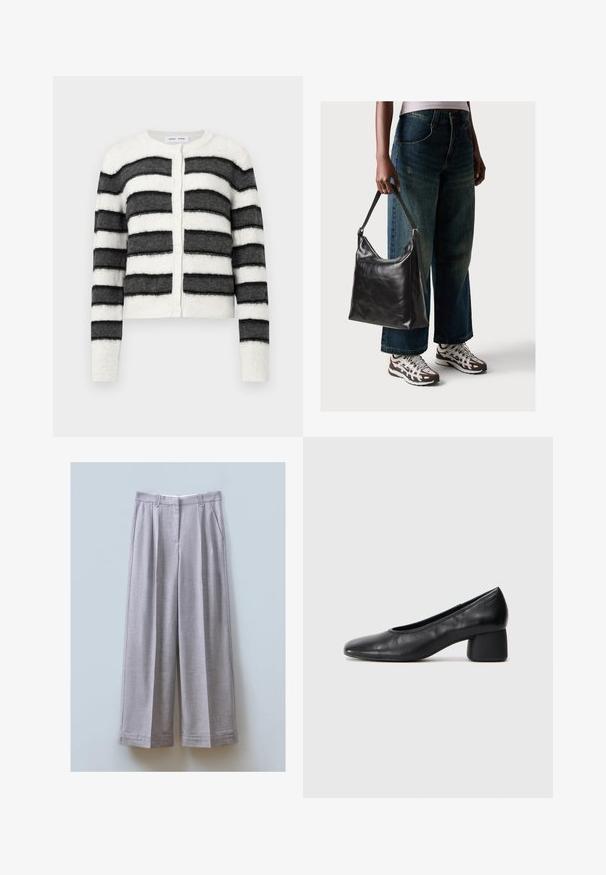 Cárdigan a rayas de tejido suave y texturizado. Presenta rayas horizontales alternadas en blanco y negro, cuello redondo y cierre de botones en la parte delantera.; Camisetas en blanco y negro, de cuello redondo y mangas cortas. La camiseta negra presenta un bordado de sol amarillo; la blanca tiene un detalle de luna creciente en púrpura.; Pantalones de pierna ancha grises, elaborados con un tejido texturado, con pliegues en el frente, dos bolsillos laterales y un dobladillo recto.; Zapato de tacón negro en piel con punta redonda y tacón bloque medio. Textura suave con un detalle minimalista, que incluye una sutil abertura elástica.; Bolso de hombro de cuero negro con una textura suave y correa ajustable, combinado con jeans de pierna ancha desgatados y zapatillas deportivas.
