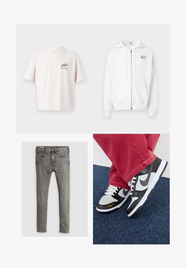 Bela zip-up jopica iz mešanice bombaža, z sprednjim žepom, kapuco s vrvico in majhnim črnim logotipom Nike na prsih.; Bela bombažna majica s krožnim izrezom, kratkimi rokavi in sprednjim grafičnim dizajnom, ki prikazuje "HVAR" in "KROATIJA" v črni in roza barvi.; Sive kavbojke z oprijetim krojem, petimi žepi in šivi na šivih. Gladka tekstura, standardni pas.; Nike Sportswear NIKE DUNK LOW UNISEX - Športni copati - black/med ash/light silver/bright mandarin/summit white/white