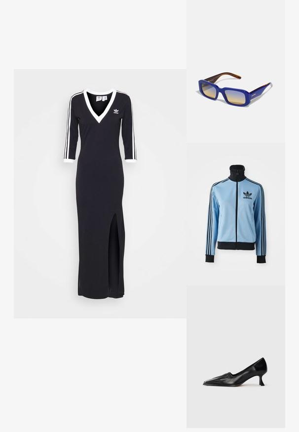 Light blue Adidas track jacket with black collar, cuffs, hem, three black stripes on sleeves, and Adidas logo on left chest.; Black, long-sleeve dress with a V-neck, white stripes along sleeves, and a side slit. Made of soft fabric, features a small logo on the chest.; Black leather mid-heel shoe with square toe and slight ruched detail along the upper edge, shown in side profile on white background.; Blue rectangular sunglasses with gradient lenses from light to dark. The frame features an orange accent on the dark brown temples.