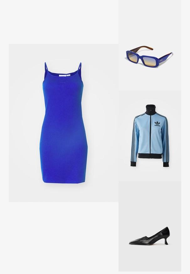 Ανοιχτό μπλε φόρμα Adidas με μαύρο γιακά, μανίκια και στρίφωμα, τρεις μαύρες ρίγες στα μανίκια και το λογότυπο της Adidas στο αριστερό στήθος.; Μπλε εφαρμοστό φόρεμα φτιαγμένο από μαλακό, ελαστικό ύφασμα. Διαθέτει λεπτές τιράντες και στρογγυλή λαιμόκοψη, με απλή σχεδίαση χωρίς διακοσμητικά στοιχεία.; Μαύρο δερμάτινο παπούτσι με μέσο τακούνι, τετράγωνη μύτη και ελαφριά ρυτίδωση κατά μήκος της επάνω άκρης, εμφανίζεται σε πλευρική όψη σε λευκό φόντο.; Μπλε ορθογώνια γυαλιά ηλίου με gradient φακούς από ανοιχτό σε σκούρο. Ο σκελετός διαθέτει πορτοκαλί λεπτομέρεια στους σκούρους καπνούς του.