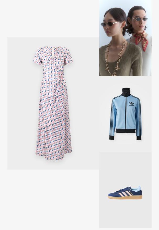 Light blue Adidas track jacket with black collar, cuffs, hem, three black stripes on sleeves, and Adidas logo on left chest.; Floral maxi dress with short sleeves, featuring a pink, blue, and white pattern, a fitted waist, and a ruffle accent along the front.; Blue suede sneaker with three pink stripes, gum sole, and subtle branding. Features a contrasting light blue heel tab and textured toe box.; Round sunglasses with dark lenses and thin silver frames. One person wears a gold chain necklace, while another has a red patterned scarf.