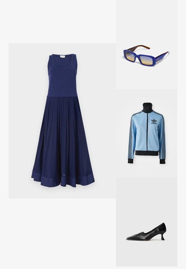 Jasnoniebieska kurtka treningowa Adidas z czarnym kołnierzem, mankietami i dołem, trzema czarnymi paskami na rękawach oraz logo Adidas po lewej stronie na klatce piersiowej.; Granatowa sukienka z dopasowanym topem na ramiączkach i plisowanym dołem. Wykonana z miękkiego materiału o gładkiej teksturze. U dołu znajduje się solidna granatowa taśma.; Czarne skórzane buty na średnim obcasie ze kwadratowym noskiem i delikatnym marszczeniem wzdłuż górnej krawędzi, przedstawione w profilu bocznym na białym tle.; Niebieskie prostokątne okulary przeciwsłoneczne z gradientowymi soczewkami od jasnego do ciemnego. Oprawa ma pomarańczowy akcent na ciemno-brązowych zausznikach.