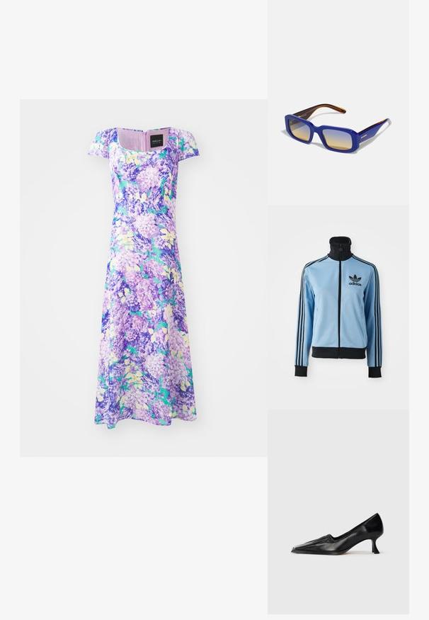 Helles blaues Adidas-Trainingsjacke mit schwarzem Kragen, Bündchen und Saum, drei schwarzen Streifen auf den Ärmeln und dem Adidas-Logo auf der linken Brust.; Lila Blumenkleid mit kurzen Ärmeln und quadratischem Ausschnitt. Hergestellt aus leichtem Stoff, zeigt es Cluster von fliederfarbenen und grünen Mustern.; Schwarzer Leder-Mid-Heel-Schuh mit quadrater Zehenform und leicht gerafftem Detail entlang der oberen Kante, im Seitenprofil auf weißem Hintergrund dargestellt.; Blaue rechteckige Sonnenbrillen mit einem Farbverlauf der Gläser von hell nach dunkel. Das Gestell hat einen orangefarbenen Akzent an den dunkelbraunen Bügeln.