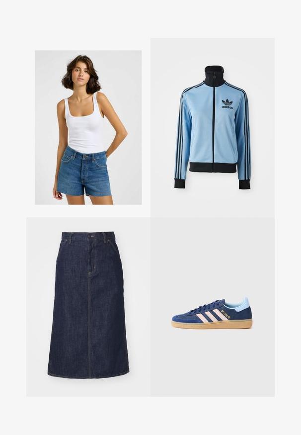 Lyseblå Adidas træningsjakke med sort krave, manchetter og kant, tre sorte striber på ærmerne og Adidas-logo på venstre bryst.; Hvid ribbet tanktop med firkantet udskæring, parret med højtaljede blå denimshorts med frynset kant og traditionelt fem-lommet design.; Mørk denimnederdel med høj talje, lige skæring, forlommer og stikninger. Har lynlås og knaplukning i taljen.; Blå ruskinds sneakers med tre lyserøde striber, gummisål og subtil branding. Har en kontrasterende lyseblå hælflap og tekstureret tåboks.