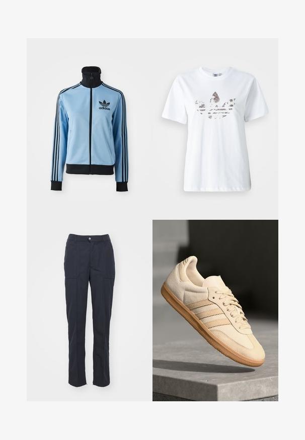 Veste de survêtement Adidas bleu clair avec col, poignets et ourlet noirs, trois bandes noires sur les manches et logo Adidas sur la poitrine gauche.; T-shirt en coton blanc présentant un grand graphique pailleté et sombre du logo trèfle Adidas sur le devant. Manches courtes et col rond.; Pantalons bleu marine foncé avec une coupe droite, comportant deux poches avant, une fermeture à bouton et une texture de tissu lisse.; Sneaker en suède beige clair avec semelle en gomme, trois rayures diagonales et un capuchon de pied texturé. Logo sur la languette et sur le côté.