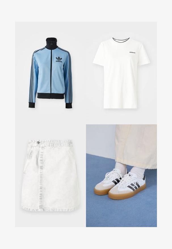 Világoskék Adidas tréningdzseki fekete gallérral, mandzsettákkal és aljjal, három fekete csíkkal az ujjakon és Adidas logóval a bal mellrészen.; Fehér pamut póló rövid ujjakkal és kerek nyakkivágással. A mellkason egy fekete Adidas logó található, valamint kontrasztos fekete belső gallér.; Világosszürke farmer szoknya. A vonalú kialakítás, elülső zsebekkel, látható varrással a középen, és egy fémből készült gombbal a derékpánton.; Fehér sportcipő fekete csíkokkal és bézs velúr részletekkel. Texturált gumi talppal és lapos fehér fűzőkkel rendelkezik, világos színű zoknival viselve.