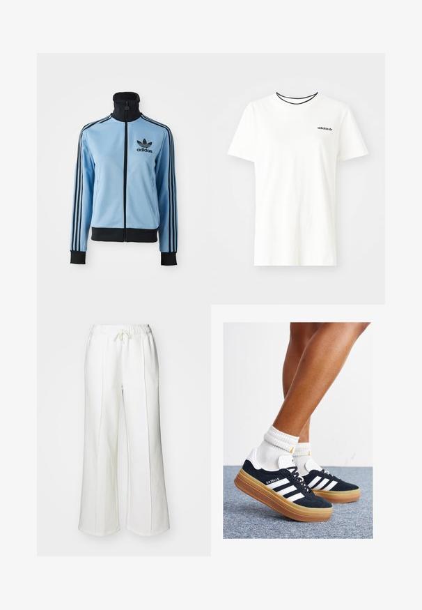 Svetlo modra Adidas jakna za sledenje z črnim ovratnikom, manšetami, spodnjim robom, tremi črnimi črtami na rokavih in Adidasovim logotipom na levi strani prsi.; Bela bomba majica iz bombaža s kratkimi rokavi in okroglim izrezom. Ima črni Adidas logotip na prsih ter kontrastni črni notranji ovratnik.; Bele trenerke z vrvico v pasu, širokim krojem in vertikalnimi šivi. Narejene iz mehkega, strukturiranega blaga.; Črni antilop superge z belimi črtami in poudarki, okrogel prst, gumijasti podplat, kombinirane z belimi rebrastimi nogavicami.